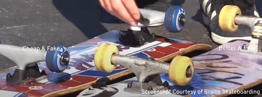 A person putting together a skateboard, showcasing the difference between a low-quality Walmart board and a reputable brand.