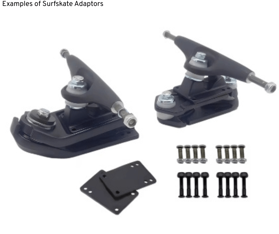 Close-up of two black skateboard trucks with screws and bolts, illustrating surfskate truck adaptors for better maneuverability.