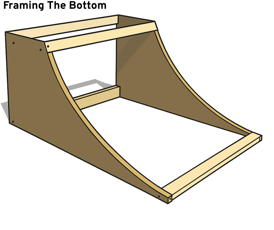 A skateboard ramp with a wooden base, standing 3 feet tall, highlighting its construction and slope.