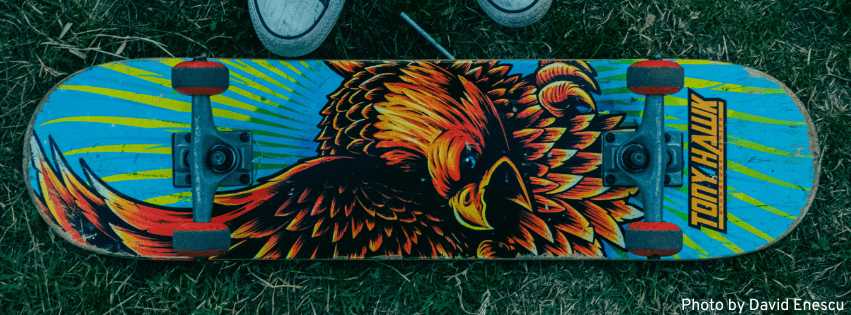 A mini traditional skateboard with a Tony Hawk graphic, showcasing a fun and playful vibe.