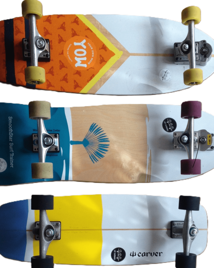 A surfskate skateboard featuring a vibrant yellow, blue, and white design, showcasing its unique style and colors.