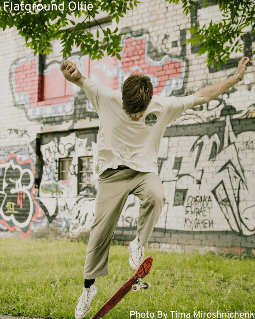 One of the first skate tricks you should learn is the flatground Ollie, and practice them aplenty.