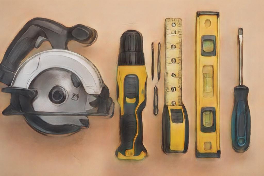 An artistic representation of essential tools for building a home skate ramp: a saw, drill, measuring tape, level, and screwdriver.